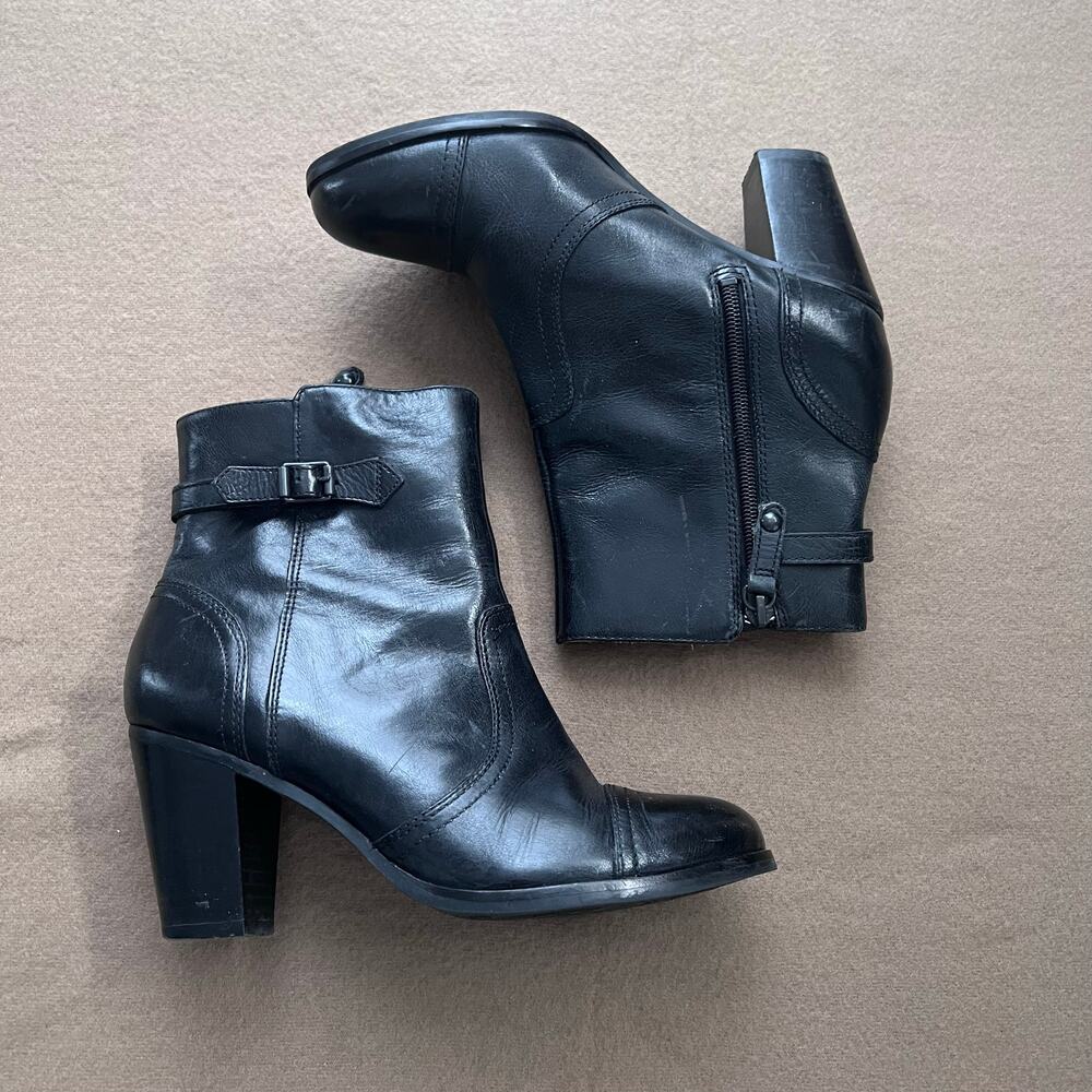 Sebago Ashton Black Leather Zip Up Block Heel Bootie Buckle Detail Size 7